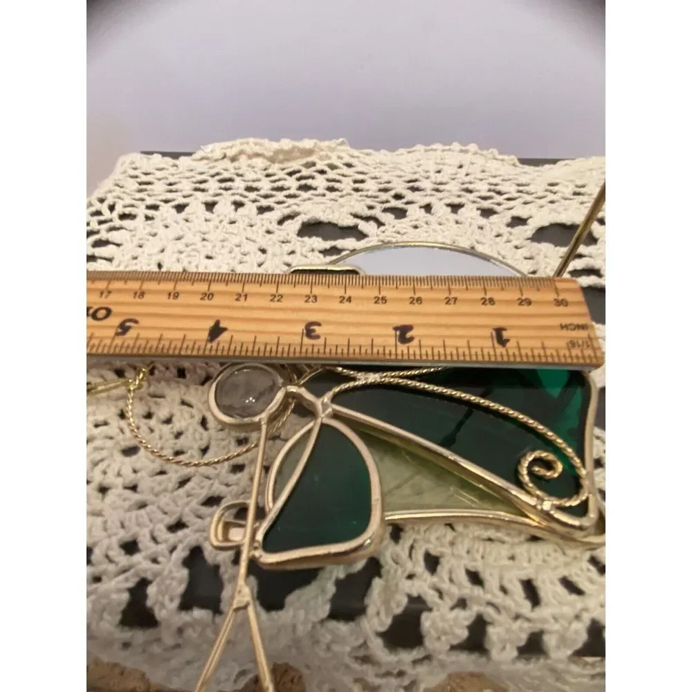 VTG Green Stained Glass Angel Ornament Sun Catcher Gold Metal Trim 5